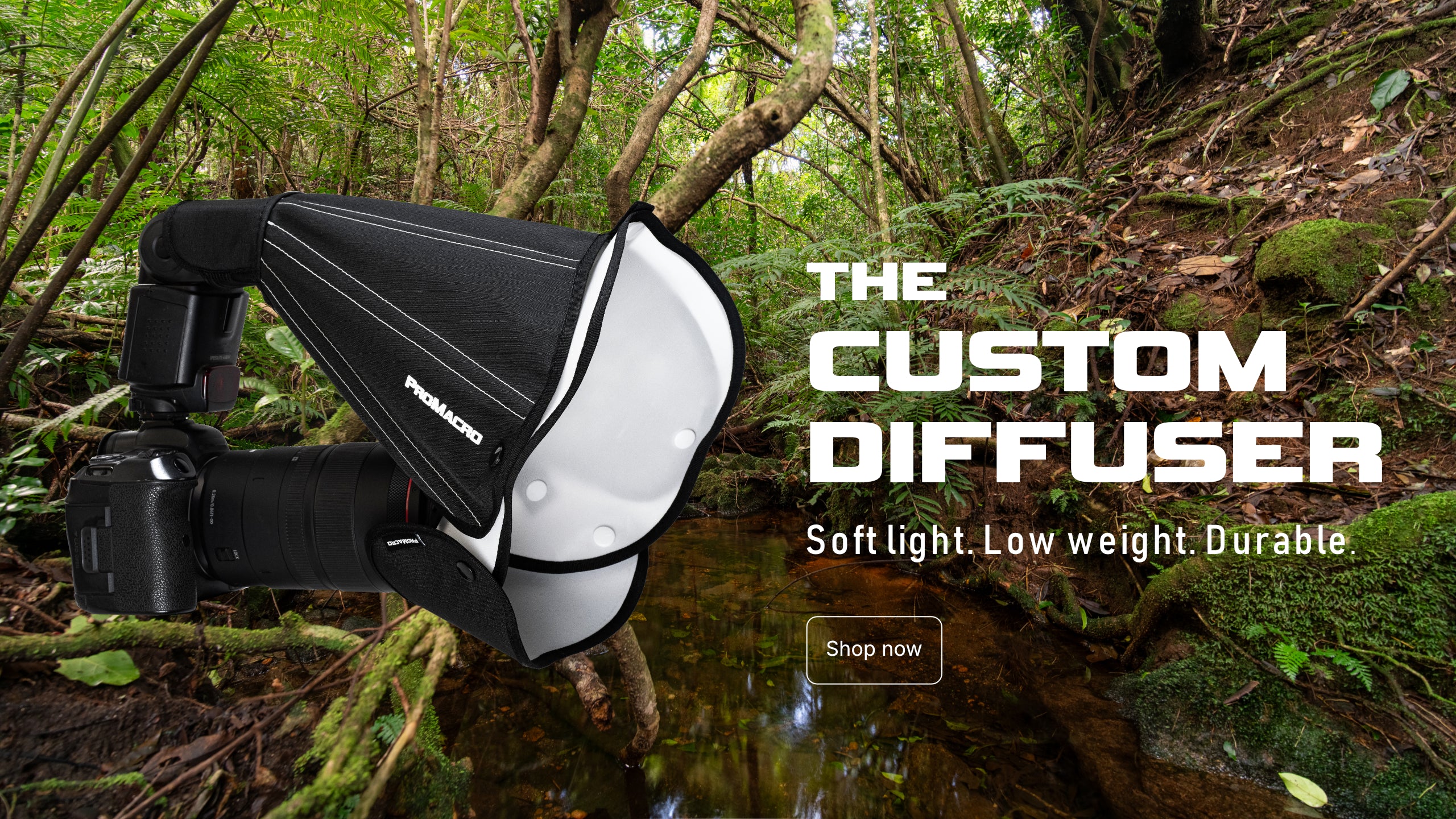 Camera diffuser with forest background and promotional text