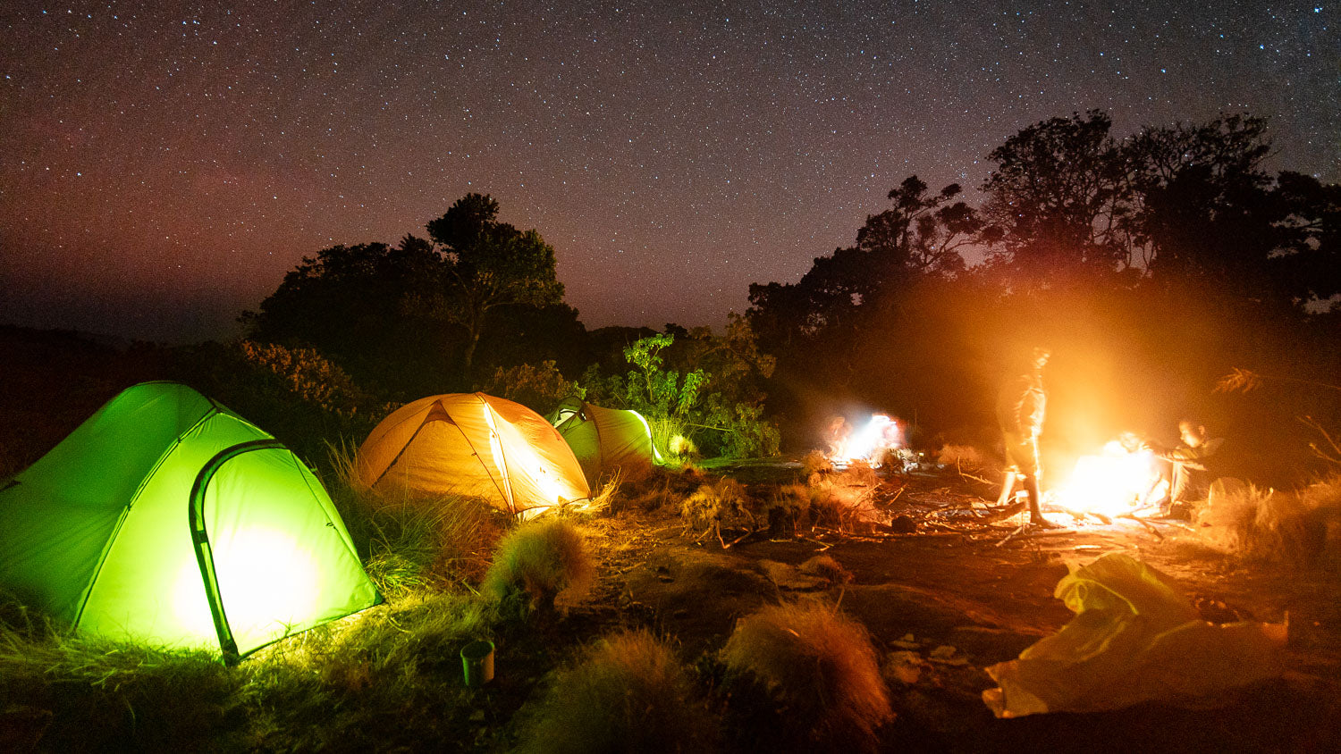 Camping scene at night with illuminated tents and bonfires in a natural setting.